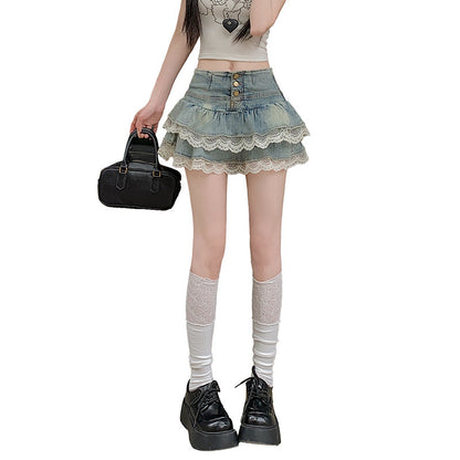 Pure Hot Girl Style Double-layer Lace Ruffled Denim Skirt Women