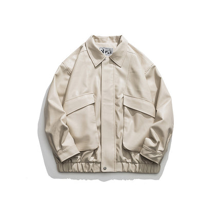 American Retro Street Trend Lapel PU Leather Jacket for Men Cultural Icon