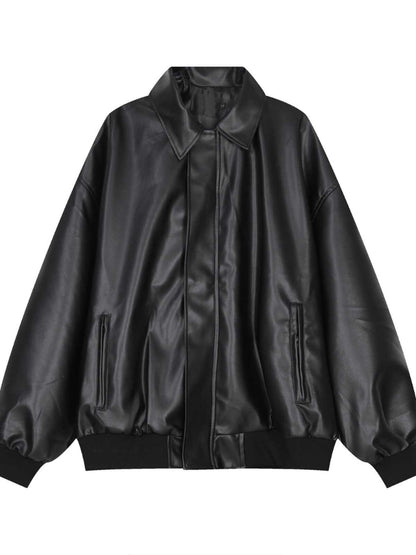 Mens Short Zipper Lapel Loose Casual PU Leather Jacket Effortless Street