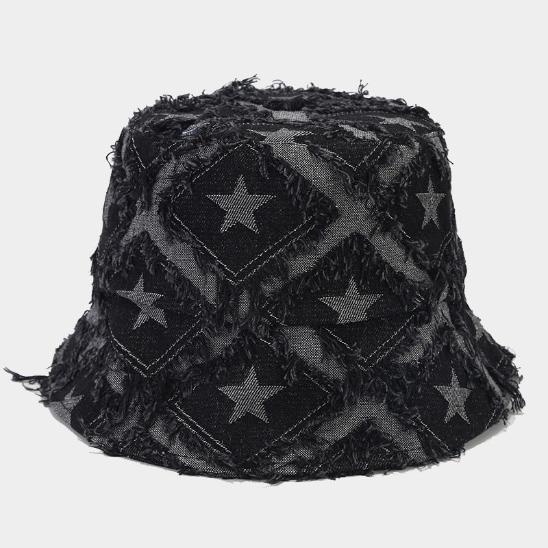 Autumn New Five-pointed Star Raw Edge Denim Bucket Hat