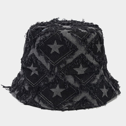 Autumn New Five-pointed Star Raw Edge Denim Bucket Hat