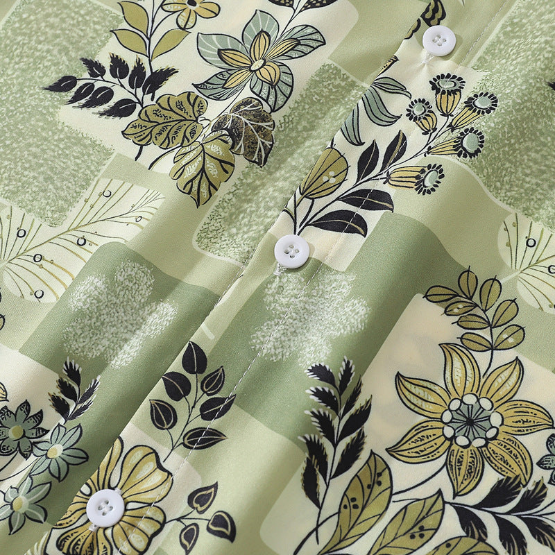 Japanese Retro Floral Full Print Long Sleeve Shirt For Men