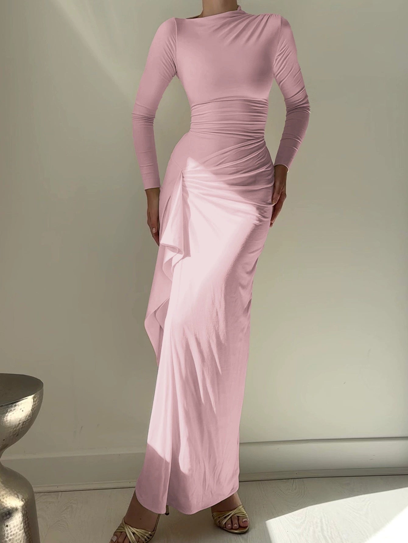 Fashionable Solid Color Round-neck Slim-fit Dress With An Irregular Slit