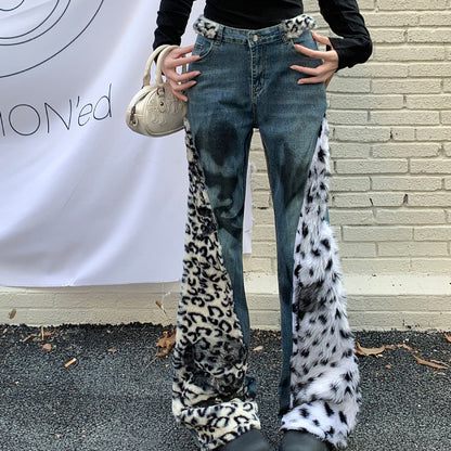 Women's Washed Leopard Splicing Skinny Jeans