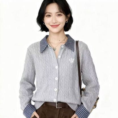 Plaid Stitching Lapel Long Sleeve Twist Knitted Sweater