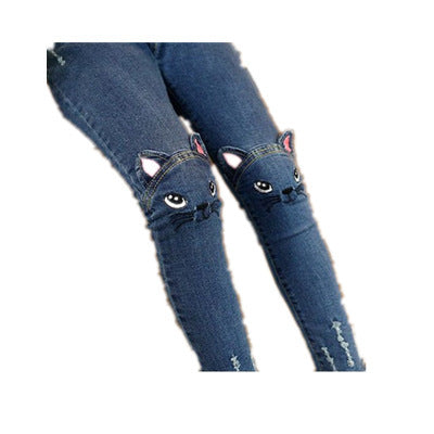 Whimsical Cat Embroidery Slim-Fit Denim Jeans