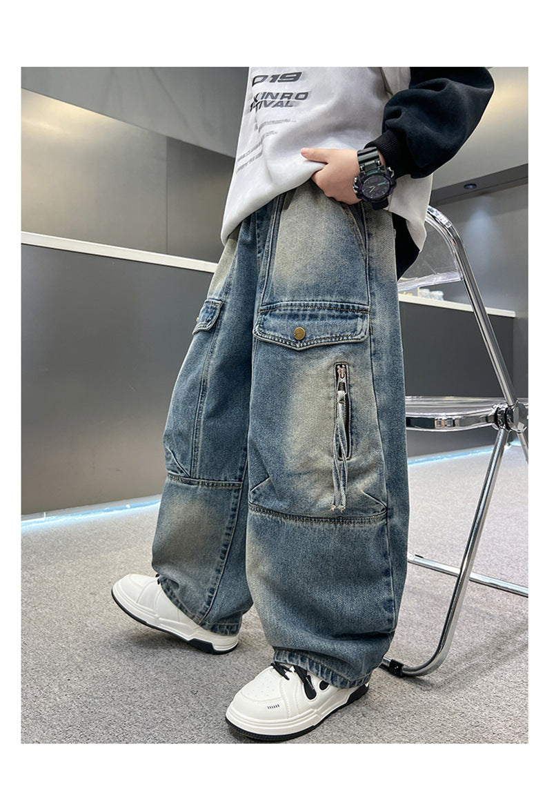 Simple Versatile Boys Pants Loose Cargo Jeans Utility Freedom