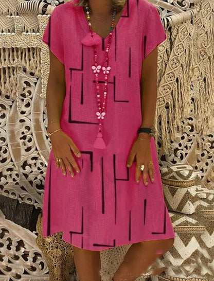 Ladies short sleeve dress loose leaf print