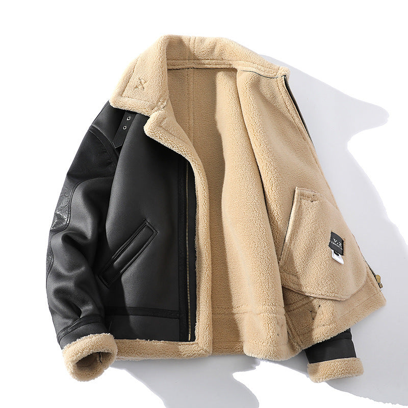 Winter Fleece-Lined Thickened Short Sheepskin Leather Coat Compact Warmth