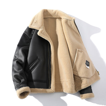 Winter Fleece-Lined Thickened Short Sheepskin Leather Coat Compact Warmth