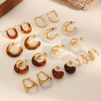 Mild Luxury Retro Resin Stainless Steel Earrings Women's High-grade Amber 18K Gold Plated Ear Clip