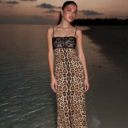 Fashion Lace Patchwork Slit Bandeau Sling Leopard Print Dress