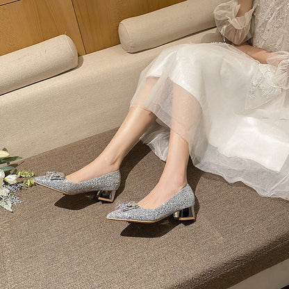 Silver French Style Mid Heel Ladies New Square Buckle Large Size Plus Sizes Pumps