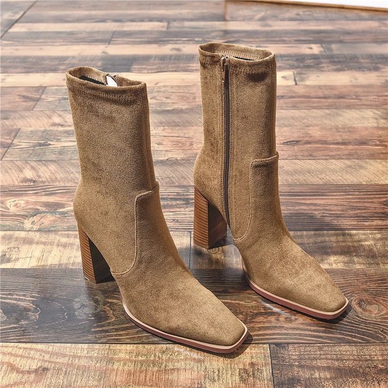 New Square Toe Fleece-lined New Chunky Heel French Boots