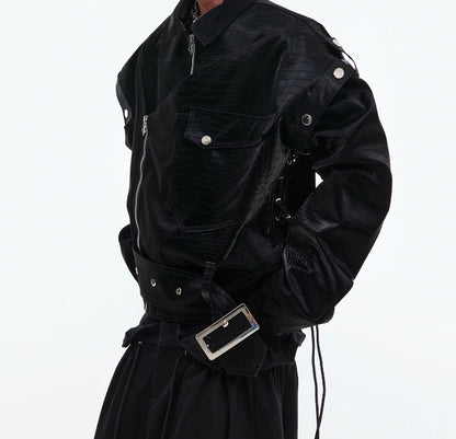 Padded Shoulder PU Leather Coat Deconstruction Design Sense Architectural Boldness