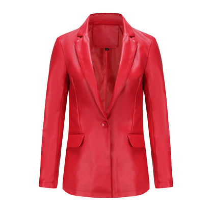 Single Button Commute Leisure Solid Color Leather Coat