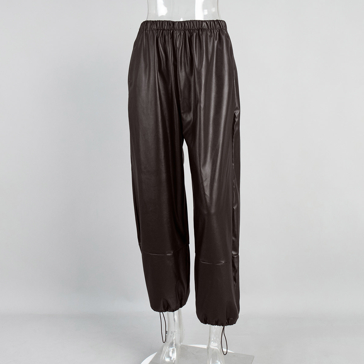 Drawstring Ankle-tied Bloomers Loose Leather Pants PU Leather Trousers