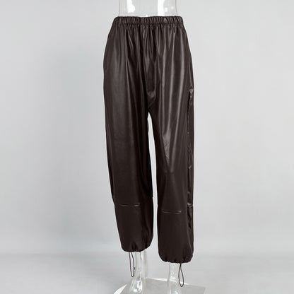 Drawstring Ankle-tied Bloomers Loose Leather Pants PU Leather Trousers