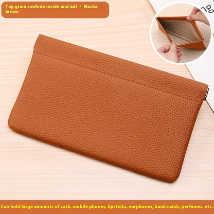 Self-closing First Layer Cowhide Long Wallet