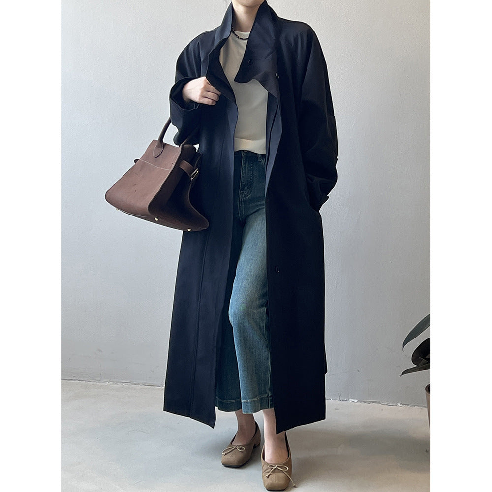 Long Section With A Stand Collar Trench Coat Women's Single-breasted Baggy Coat