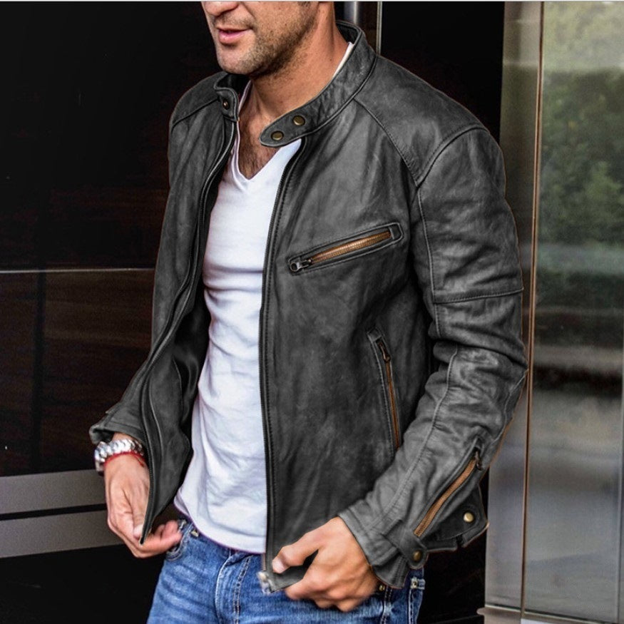 Fall Winter Men PU Leather Stand Collar Punk Rebellious Edge