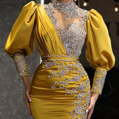 Gold Yarn Satin Sexy Trailing Dress For Women