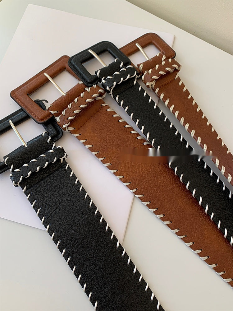 Brown PU Leather Wide Belt Women's Retro Fashion Woven