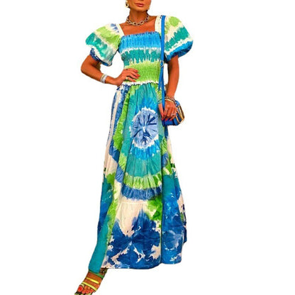 Women's Bubble Sleeve Printed Sexy Long Dress