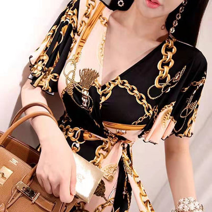 Printed Dress For Woman Elegant V-neck Gold Necklace Lace-up Waist