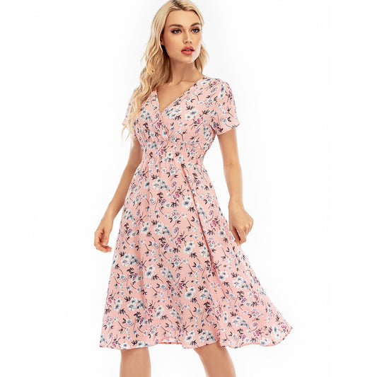 Ladies Printed V-Neck Short Sleeve Dress