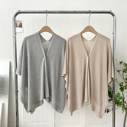 Summer Thin Solid Color Knitted Cardigan With Buckle All-match Cloak Waistcoat