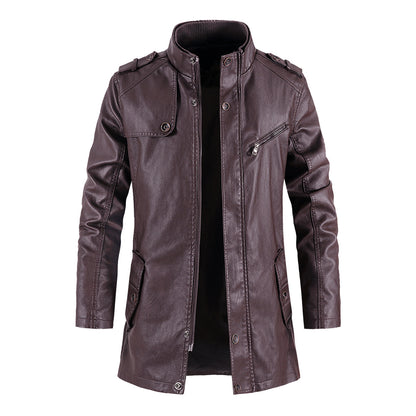 Mens Fashionable Standing Collar Plush Leather Jacket Plush Sophisticated Warmth