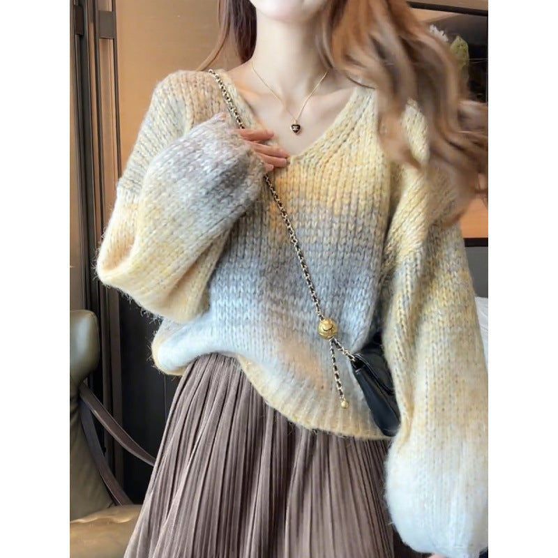 Lazy Fashion V-neck Striped Gradient Sweater