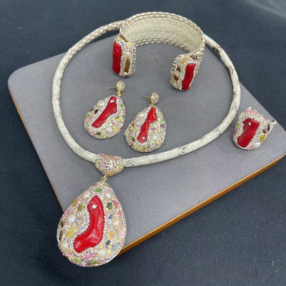 New Genuine Leather Snakeskin Sea Bamboo Inlaid Pearl Autumn And Winter Four-piece Jewelry Set