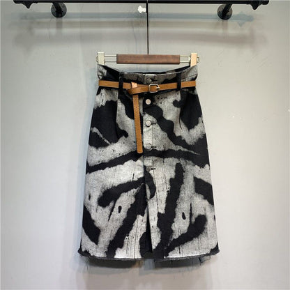 Tie-dyed High Waist Stretch Denim Skirt