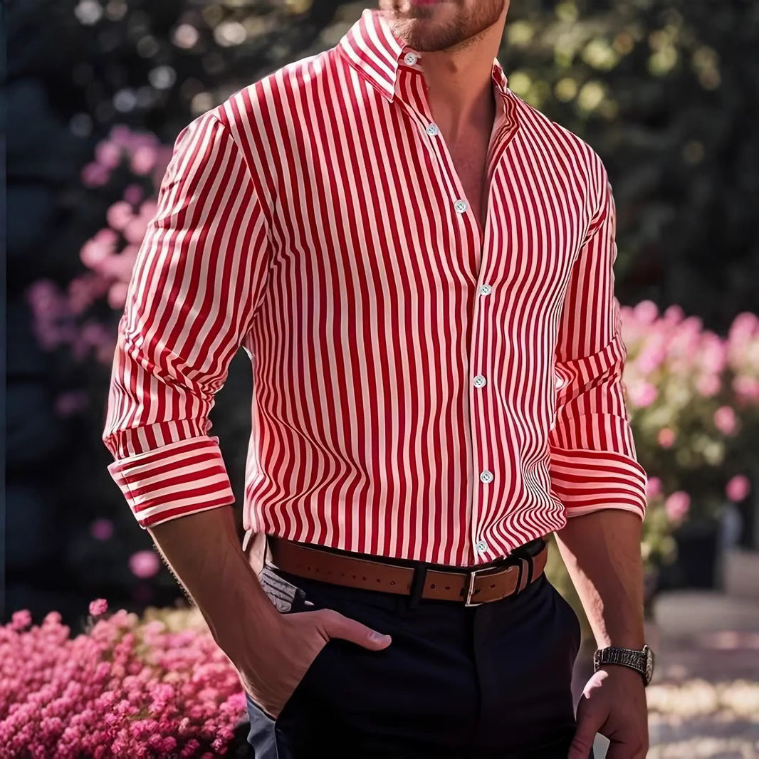 Ins Stripe Printed Long Sleeve Shirt Men Fashion Casual Lapel Button Top Clothing