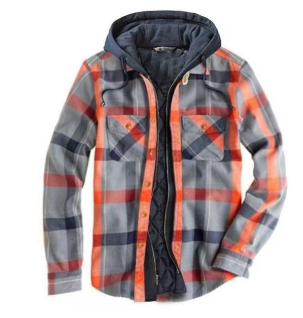 Men's Casual Checked Long Sleeve Hooded Jacket