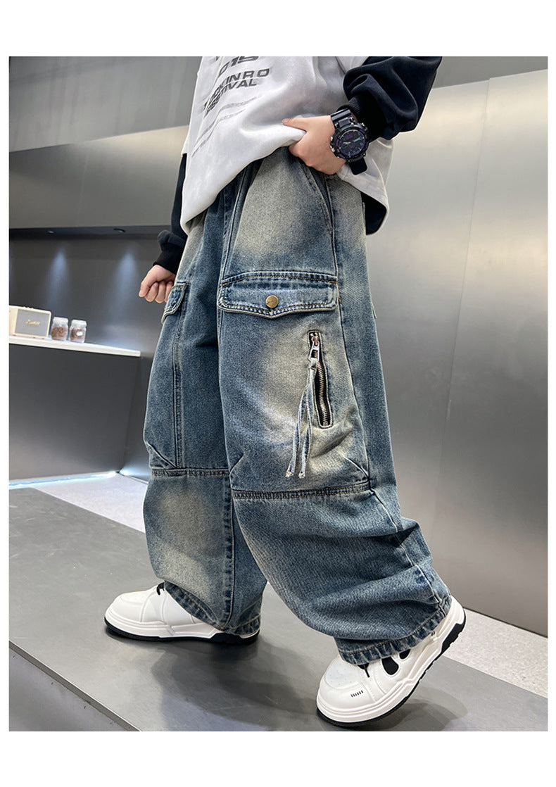 Simple Versatile Boys Pants Loose Cargo Jeans Utility Freedom