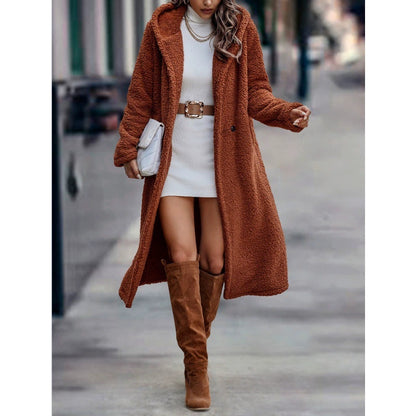 Fashionable Long Solid-color Long-sleeve Plush Hooded Jacket For Women Coat