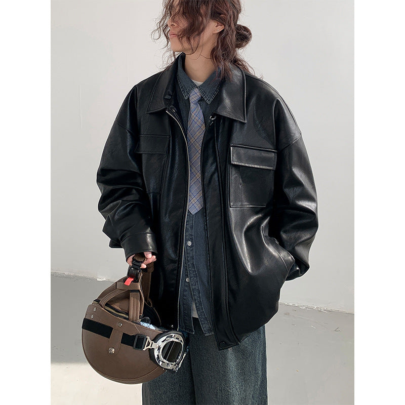 Spring Autumn Leisure Japanese Loose Leather Jacket Effortless Zen