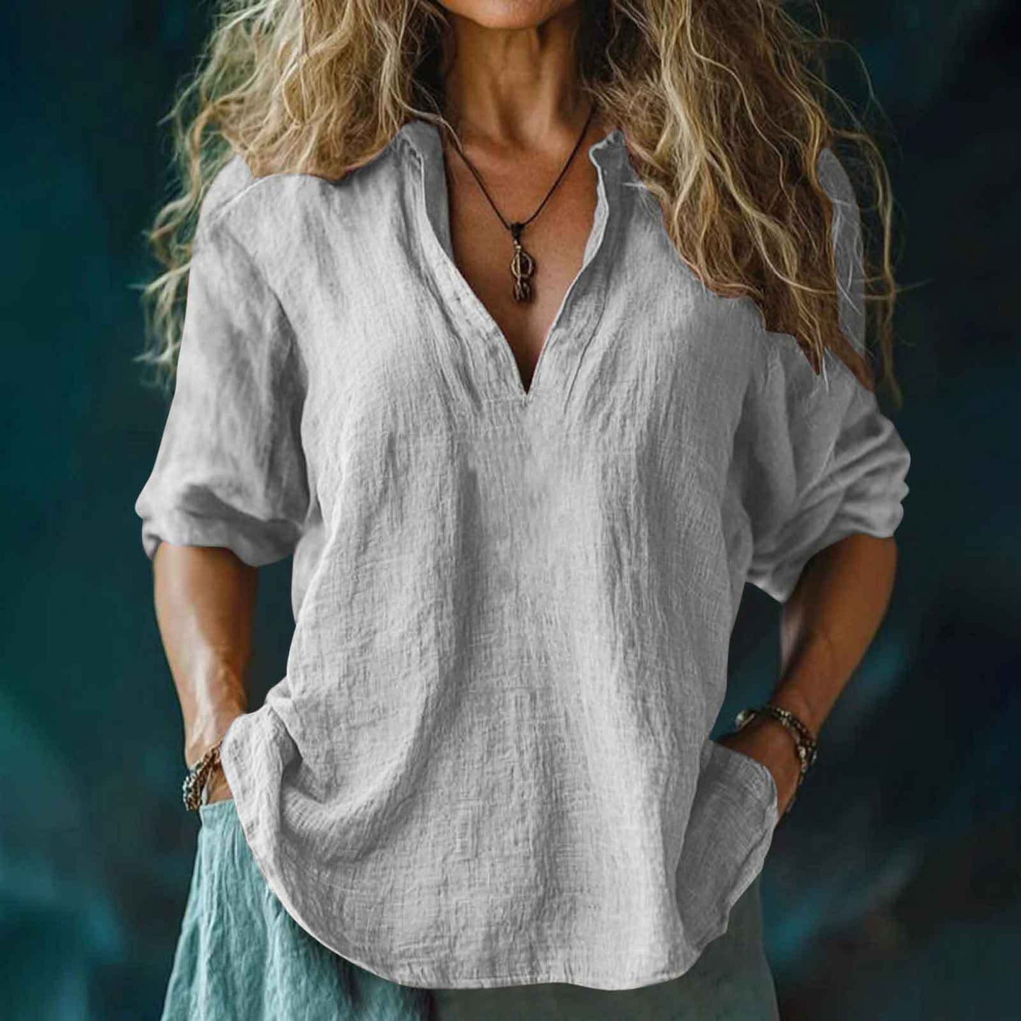 Women's Cotton And Linen V-neck Shirt