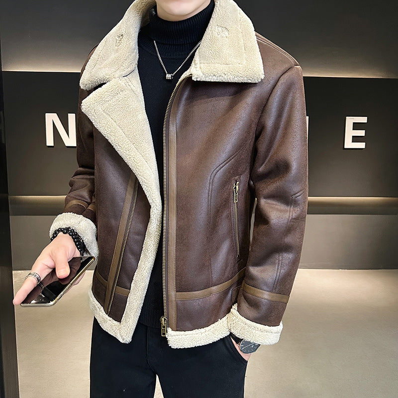 Fur Integrated Motorcycle Jacket Mens Fleece-Lined Thickened Leather Opulent Protection