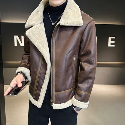 Fur Integrated Motorcycle Jacket Mens Fleece-Lined Thickened Leather Opulent Protection