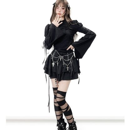 Cross Lace Layers Cake Dress A- Line High Waist