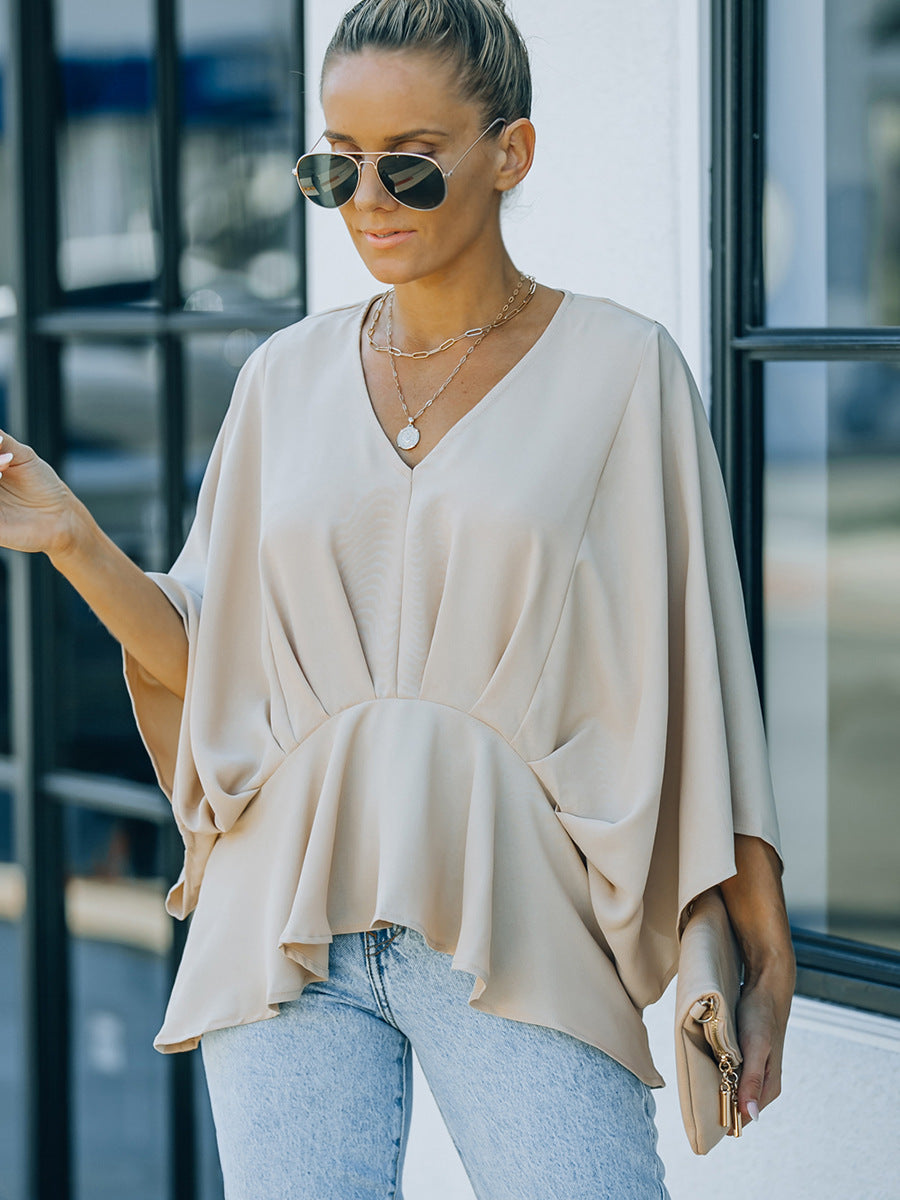 Bat Three-quarter Sleeve Waist Slimming Chiffon Shirt Women's New Solid Color Casual Top