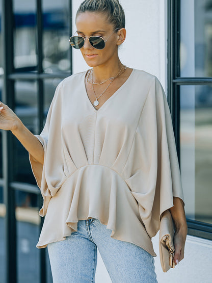 Bat Three-quarter Sleeve Waist Slimming Chiffon Shirt Women's New Solid Color Casual Top