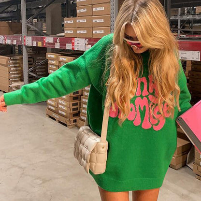 Round Neck Long Sleeve Letter Pattern Knitted Sweater Women's Pullover