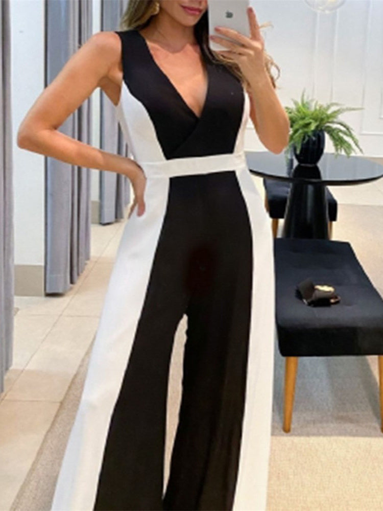 Women's Sleeveless Color Matching Jumpsuit Without Belt