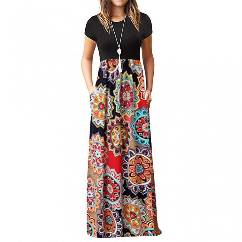 Ladies Short Sleeve Printed Dress Long Skirt