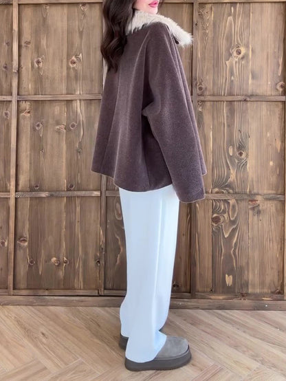 Brown Oversized Coat With White Faux Fur Collar